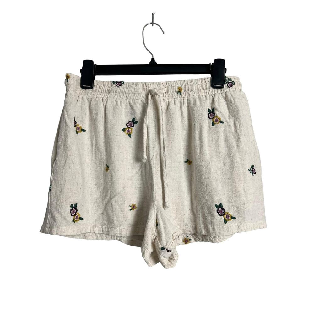 Hem & Thread Cottagecore Shorts Large White Embroidered Floral Linen Blend Boho
